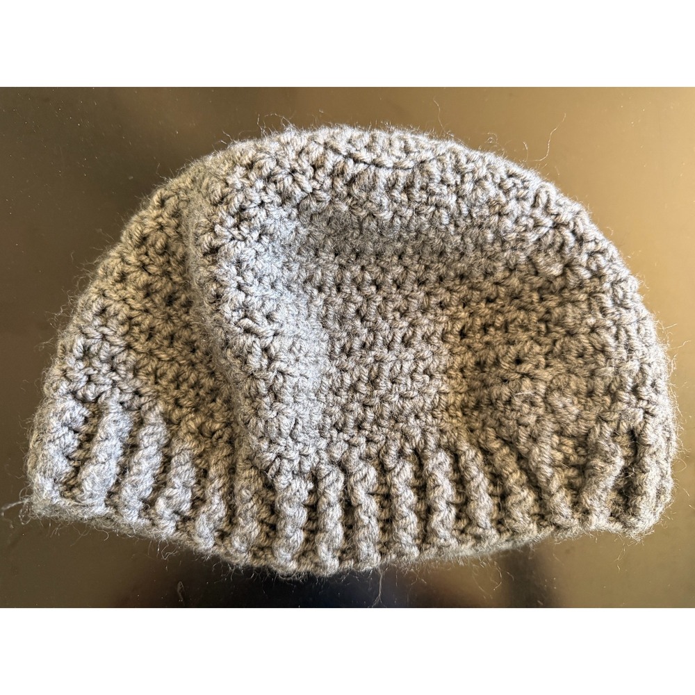 Handmade Crochet Unisex Gray Knit Beanie Cap Hat Ribbed Brim Cozycore